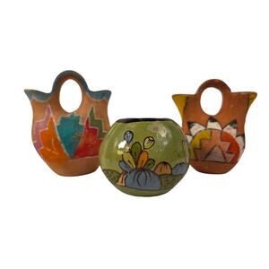 Jemez Pueblo Style Pottery Set 3pc Unsigned Southwest Wedding Vase Lot, Vintage